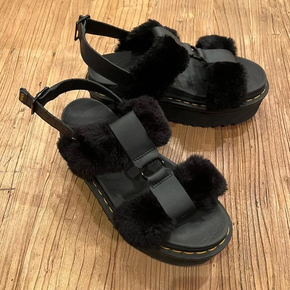 Dr. Martens Francis Fluffy F Fur Leather Sandals, Black, Like New, Size 7-8 /38 - Picture 1 of 11